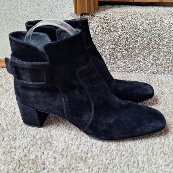 Roger Vivier black suede booties Square Toe Block Heel Buckle Womens Size 37.5 - Picture 3 of 9